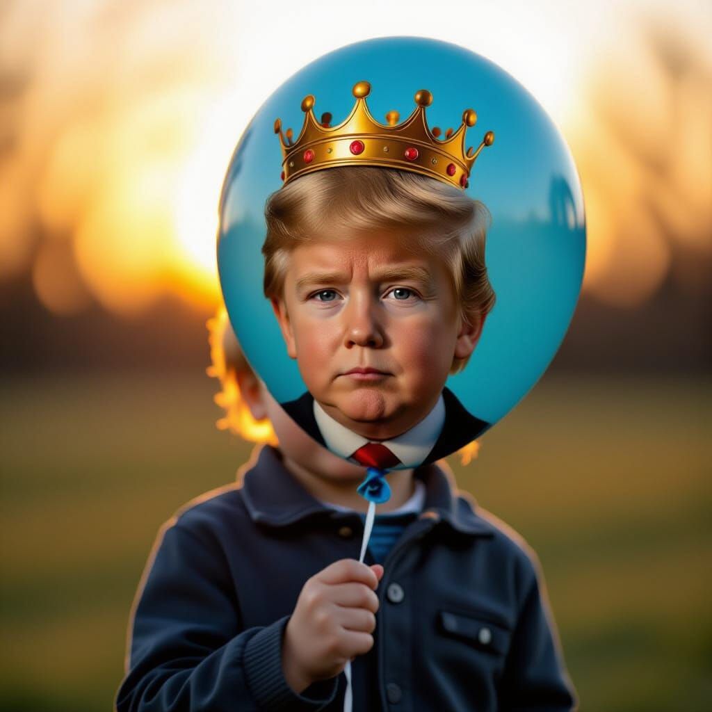 Young Boy Holds Trump Crowned Balloon in Golden Hour Light