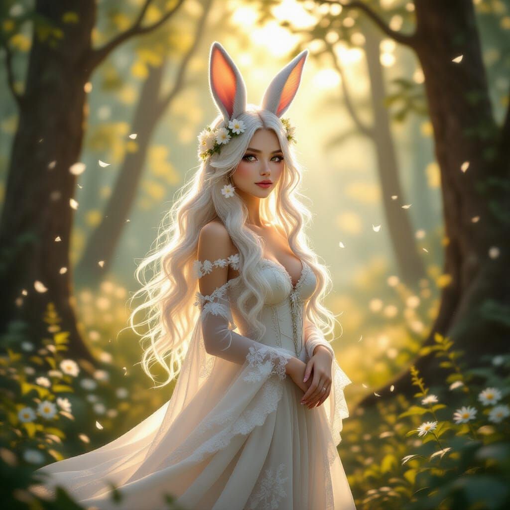 Ethereal Rabbit Woman in Enchanted Forest