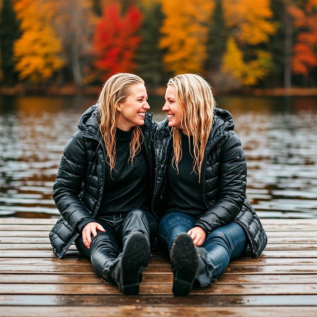 Autumn Afternoon Friends Enjoy a Refreshing Lake Dip