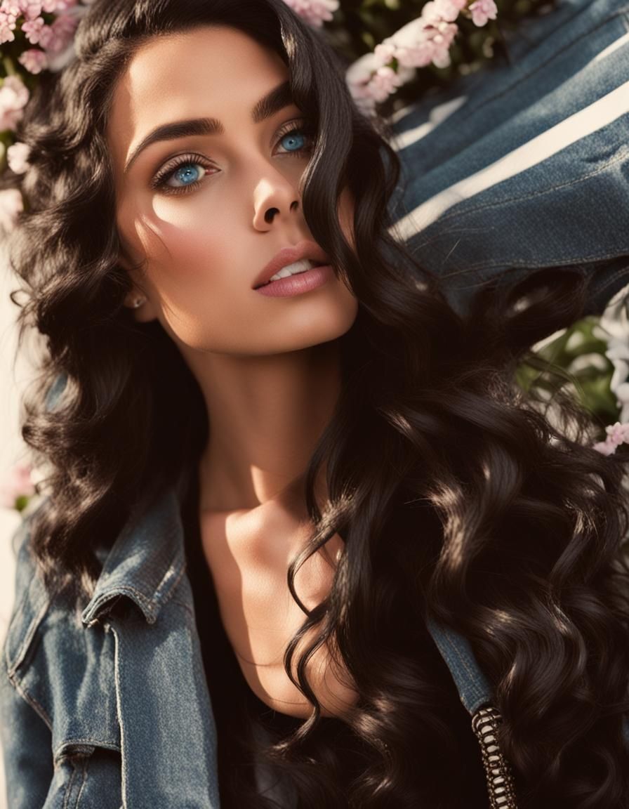 Latina Woman with Dark Curls and Floral Background