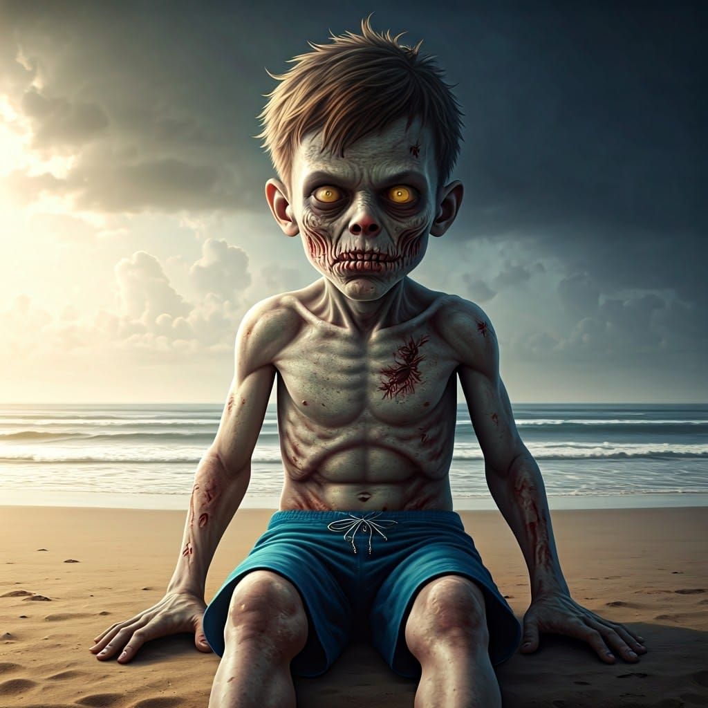 Zombie Boy in Hyperrealistic Beach Scene