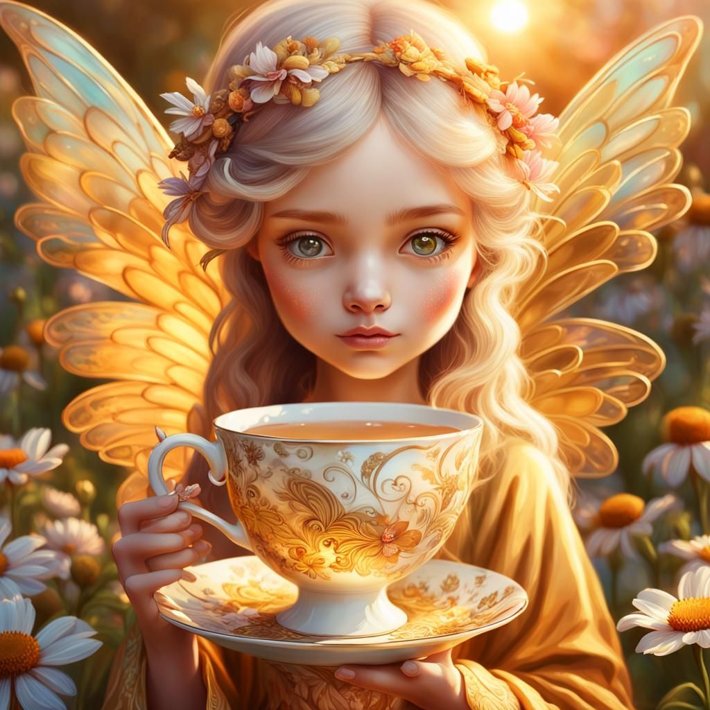 Teacup Fairy with Golden Wings in Digital Oil Painting