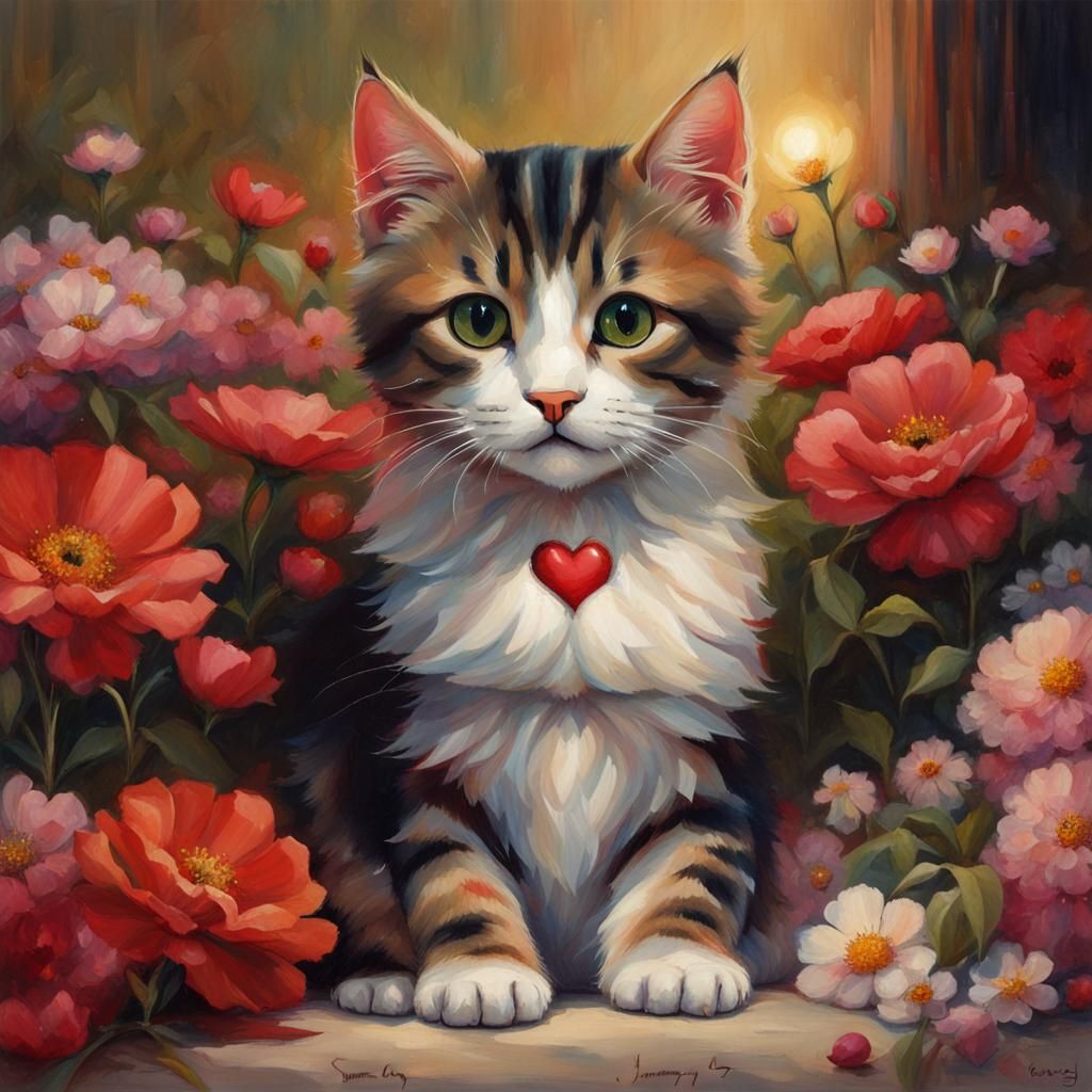 Cute Cat Surrounded by Flowers in Naturalistic Style