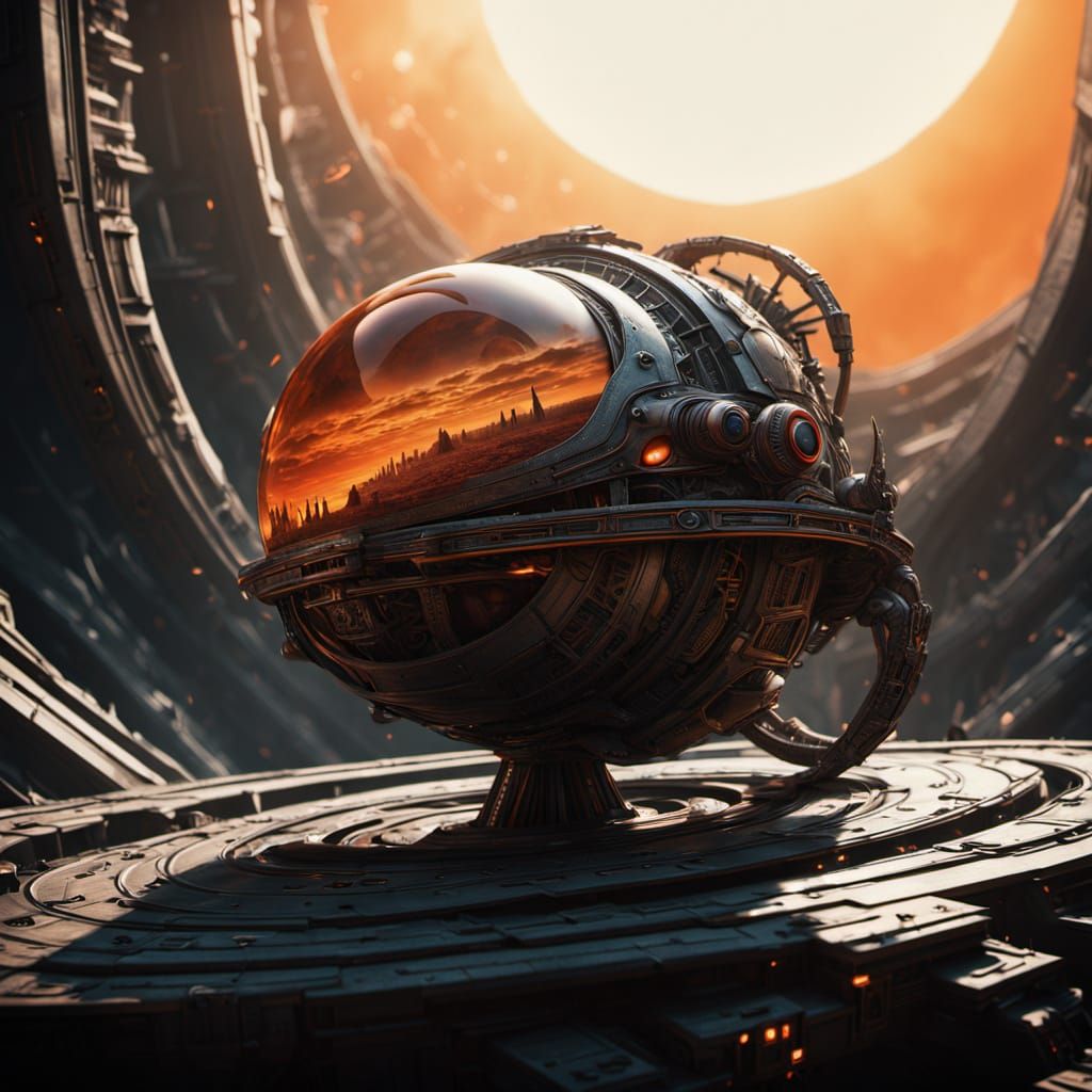 Epic Alien Planet Sunset with Sword-Shaped Spaceship