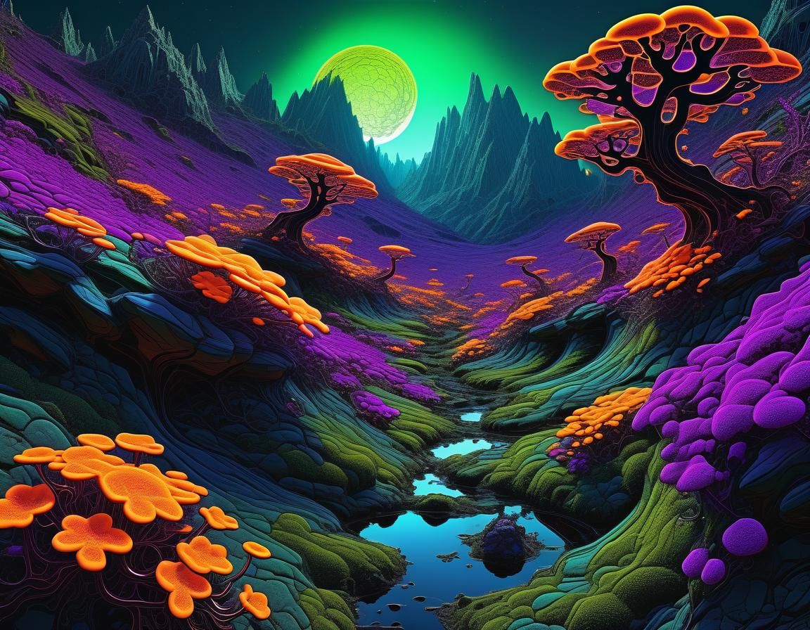 Alien Planet Sunset with Fluorescent Flora