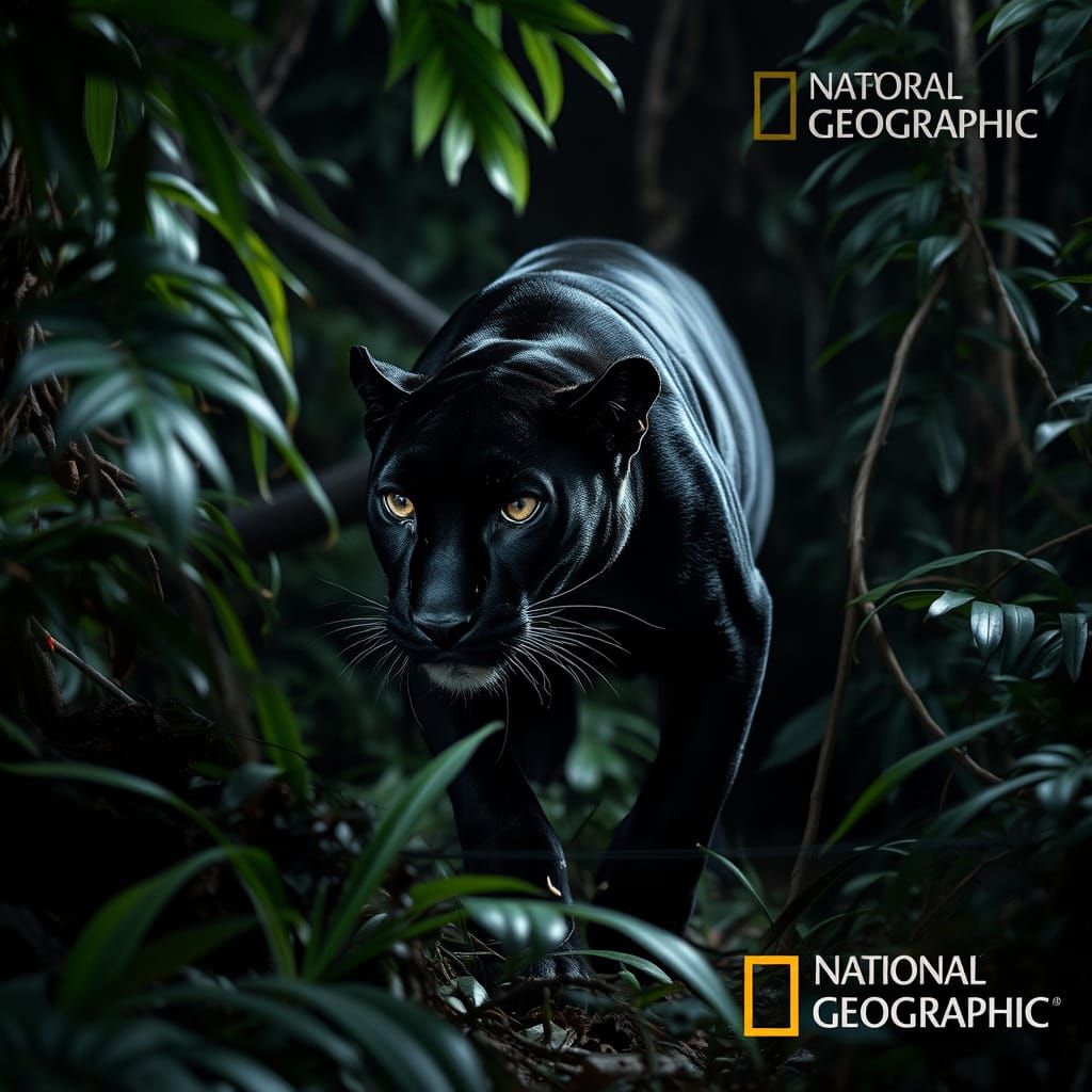Sleek Black Panther Prowls Jungle Night, Eyes Glowing Intens...