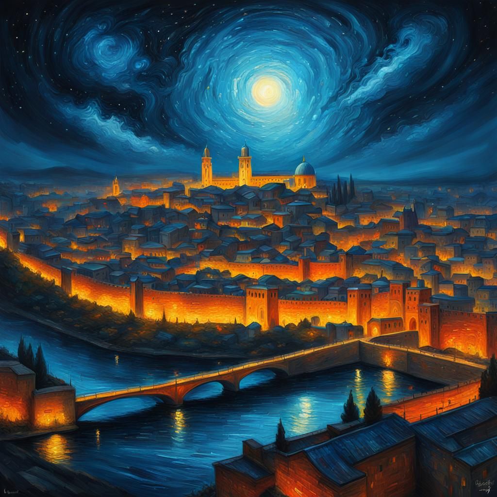 Abstract Jerusalem Oil Sketch Under Starry Sky