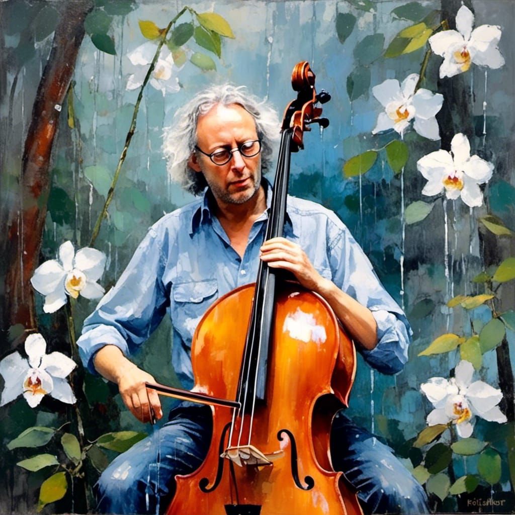 Contrabassist in Rainforest, Post-Impressionist Style