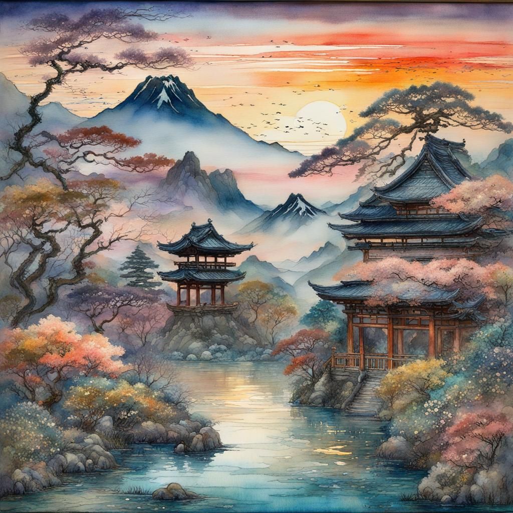 Japanese Nature Scene in Watercolor Style