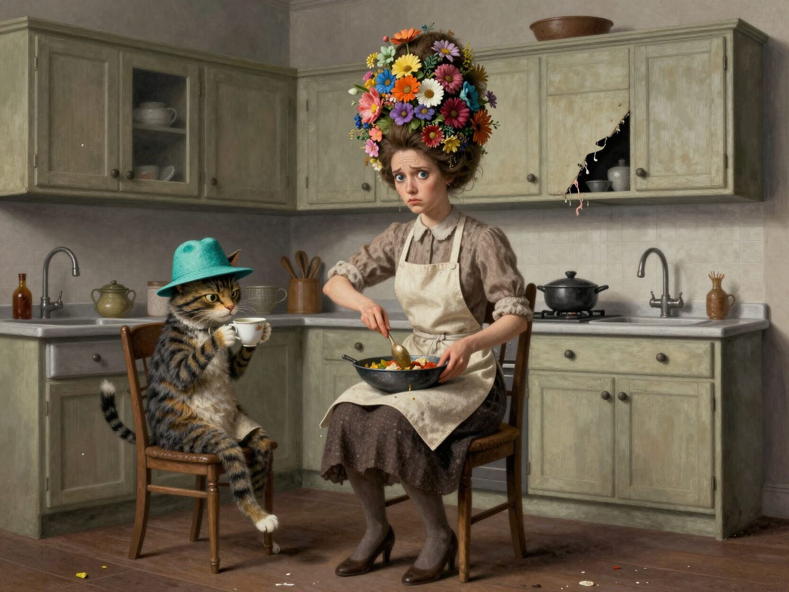 Surreal Kitchen Scene with Anthropomorphic Cat