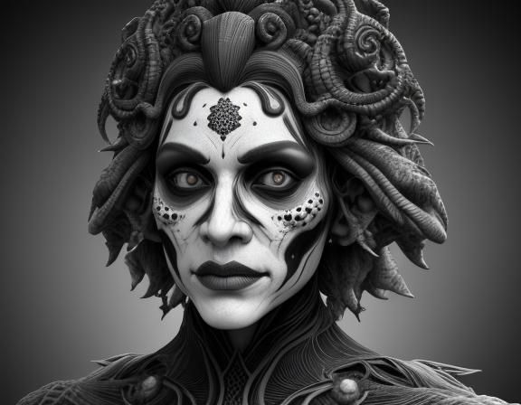 Fractal Artistry: Grotesque Female Face in Black and White