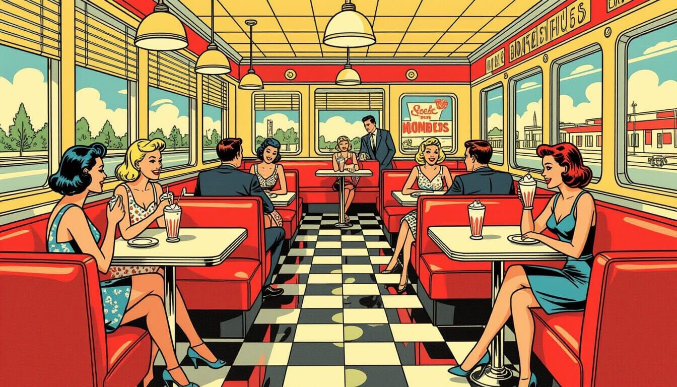 Bustling 1950s Diner Scene in Vintage Comic Style