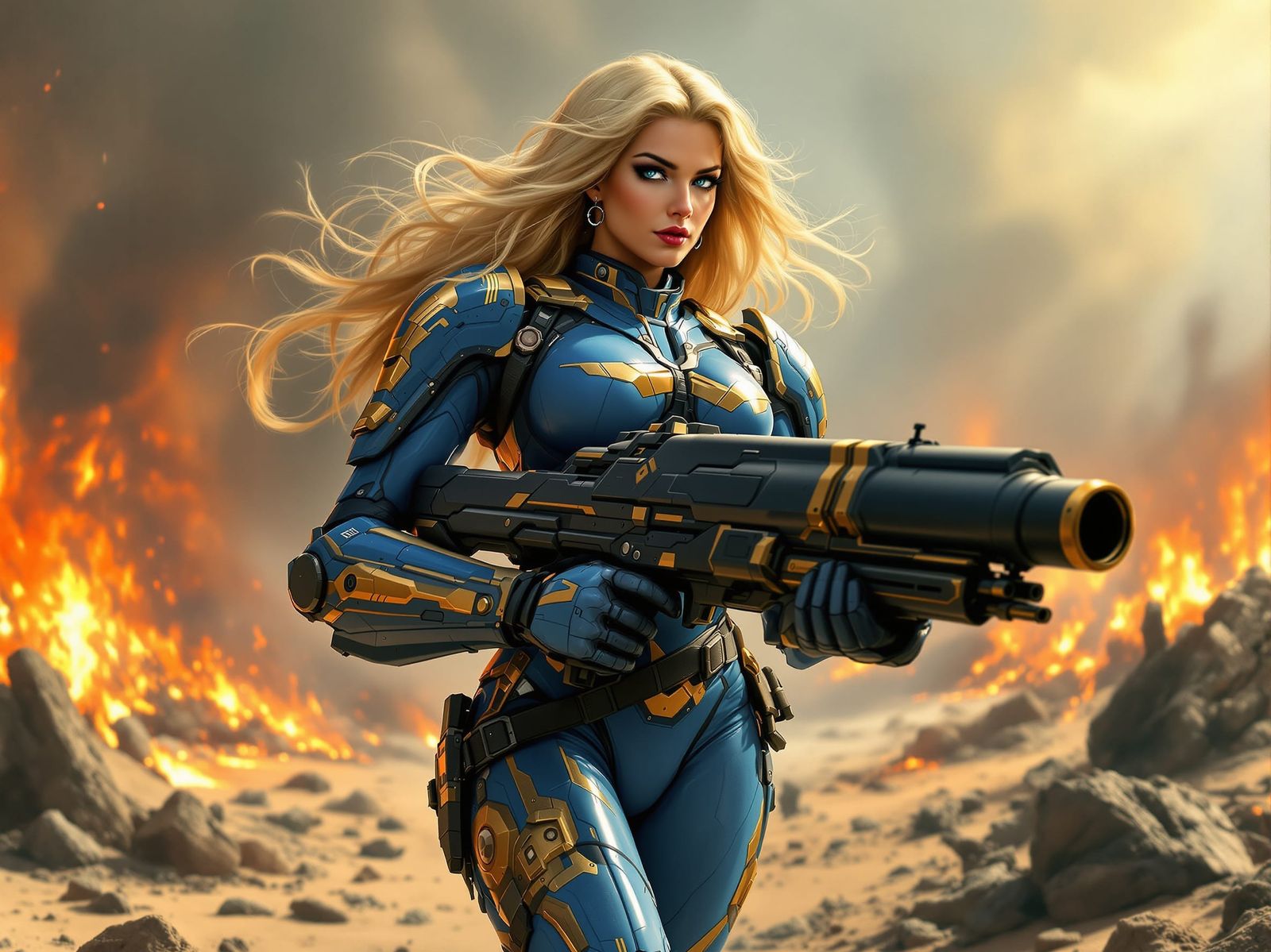 Blonde Warrior in Power Armor with Blaster Cannon