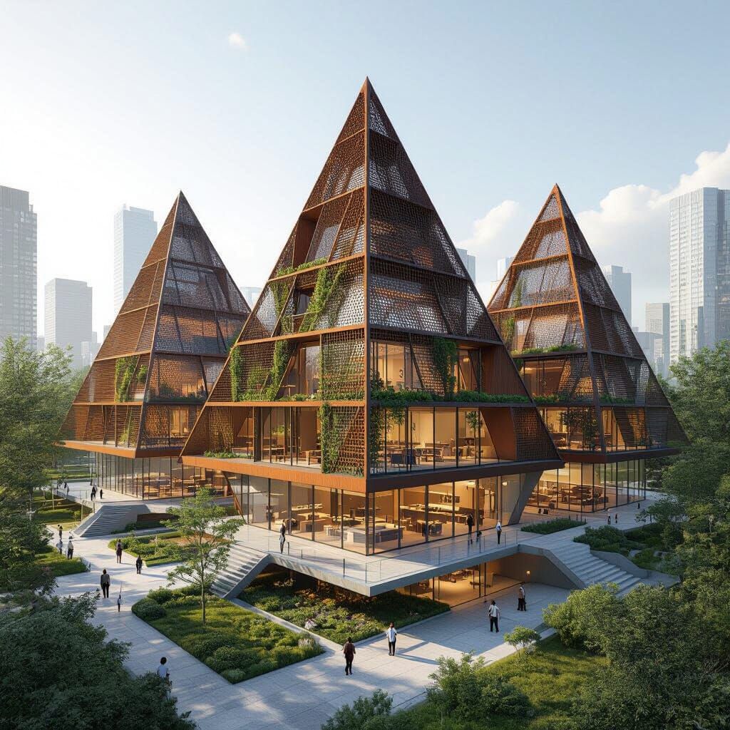 Futuristic 3D School Design with Rusty Metal and Greenery