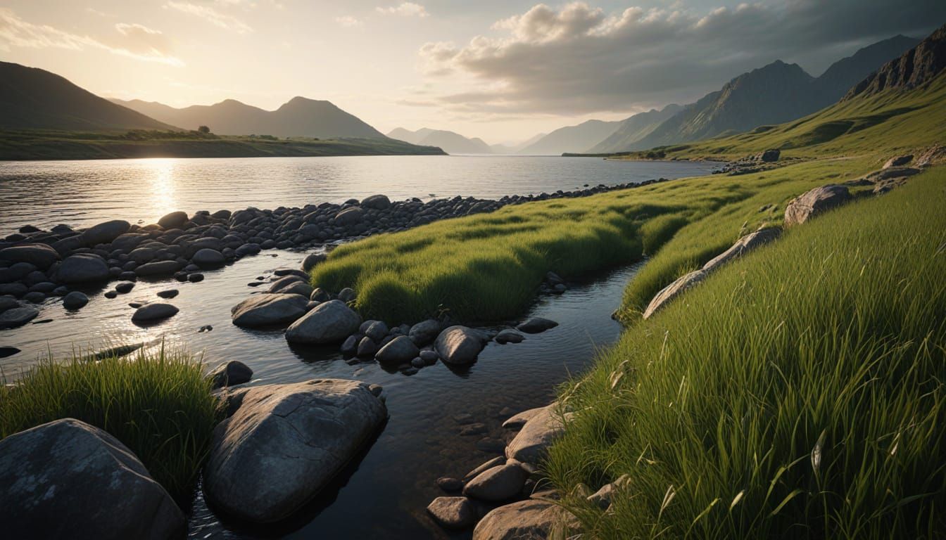 Golden Hour River Vista: Majestic Landscape in Matte Paintin...