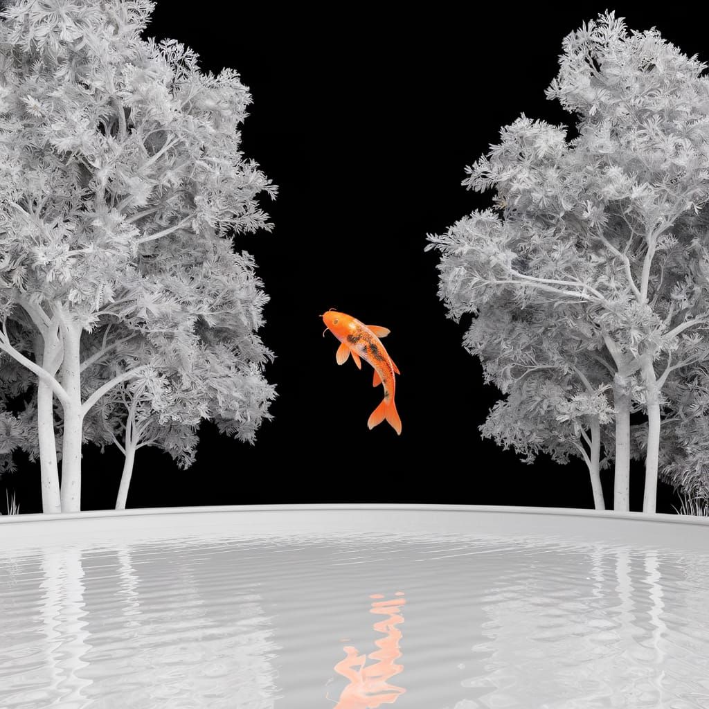 Koi Leaping in Minimalist Forest Pond