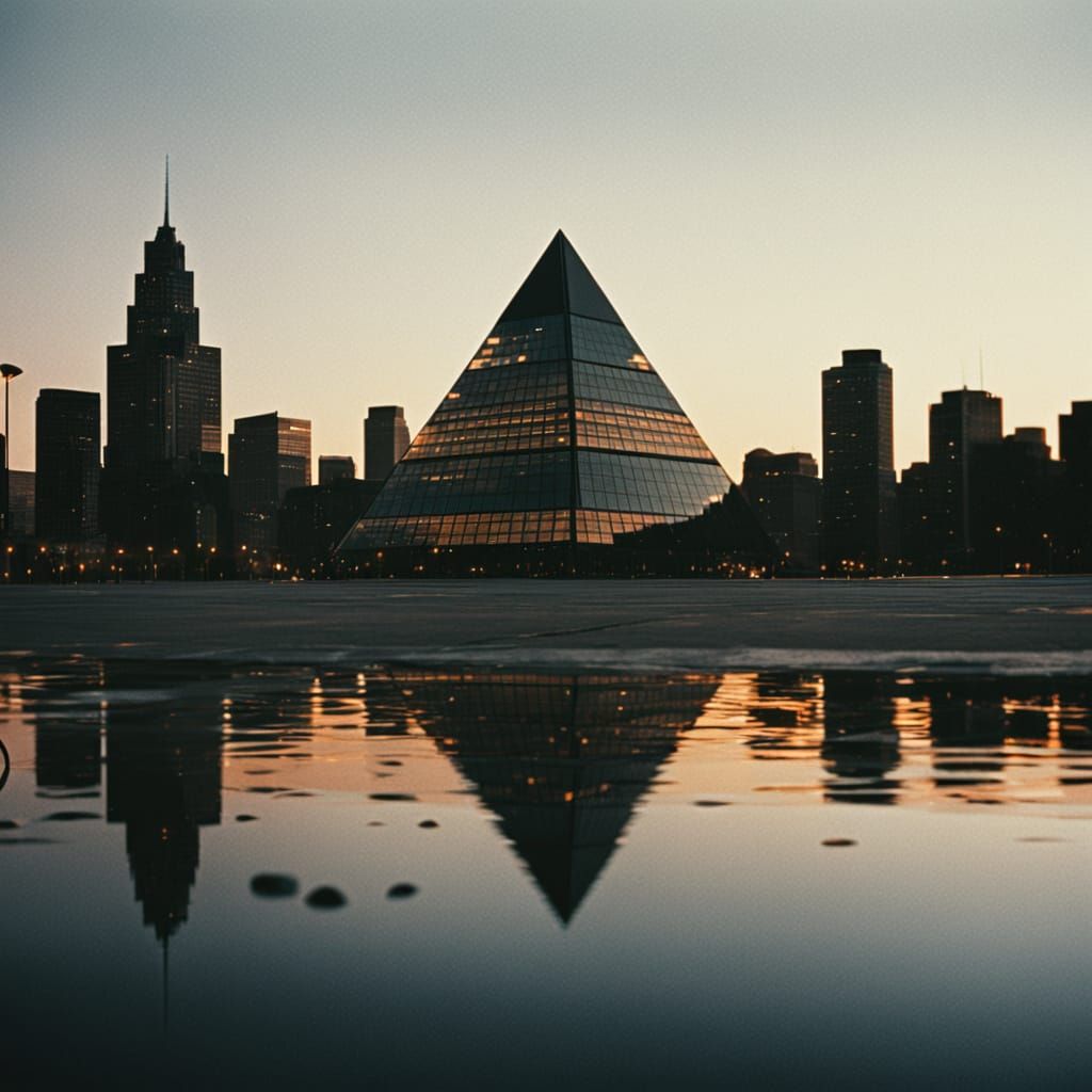 Glass Pyramid Tower in Film Noir Cityscape