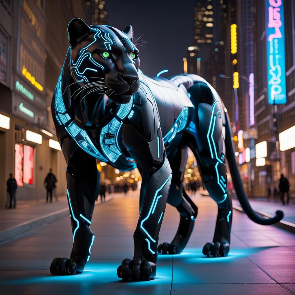 Cybernetic Panther in Neon Cityscape, Detailed Matte Paintin...