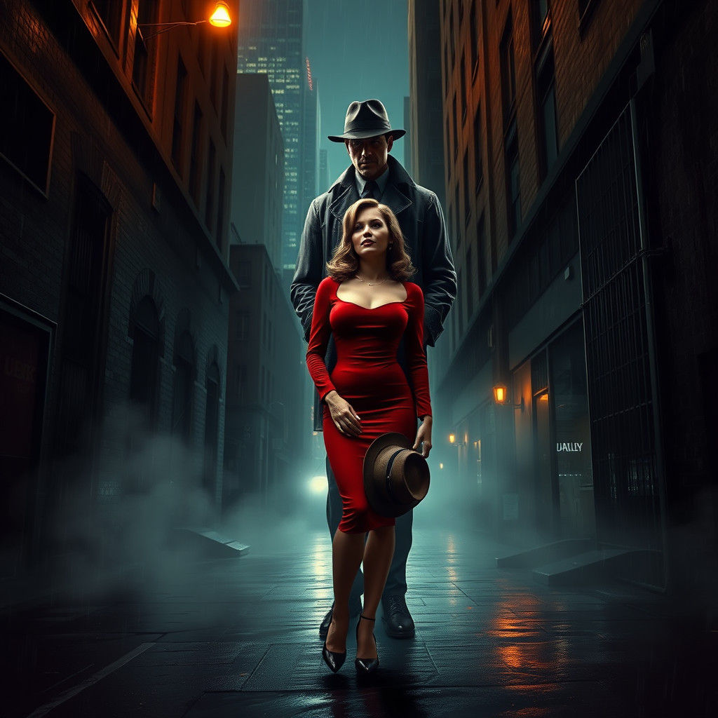 Film Noir Femme Fatale in Rainy Alley