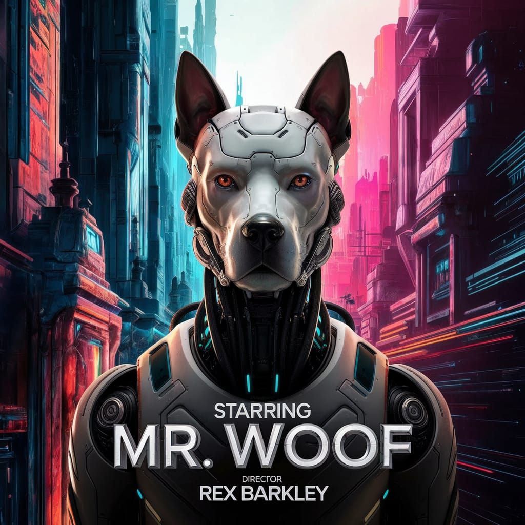 Movie Poster: Robotic Dog Detective in Futuristic City