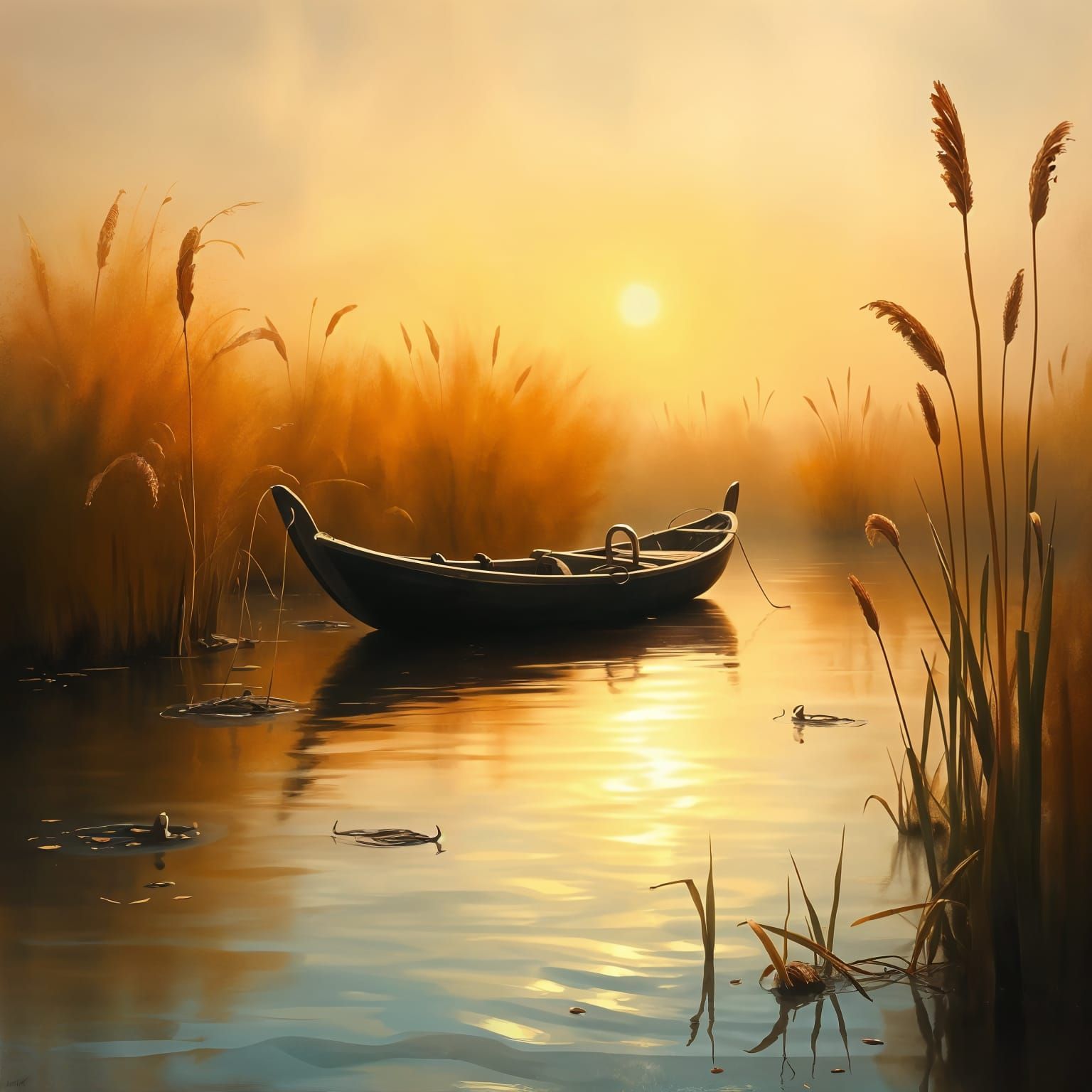 une barque sur un étang maraicageux  avec des roseaux warm c...