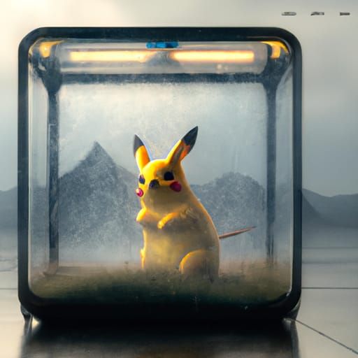 Realistic Pikachu in Glass Box: 3D Fantasy Art