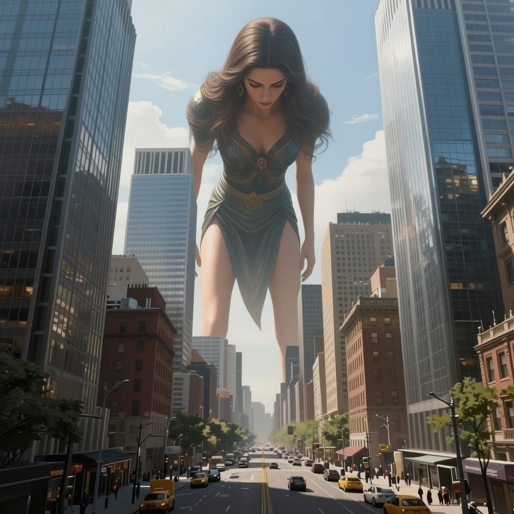 Giantess Bends Over Cityscape, Full Body Visible