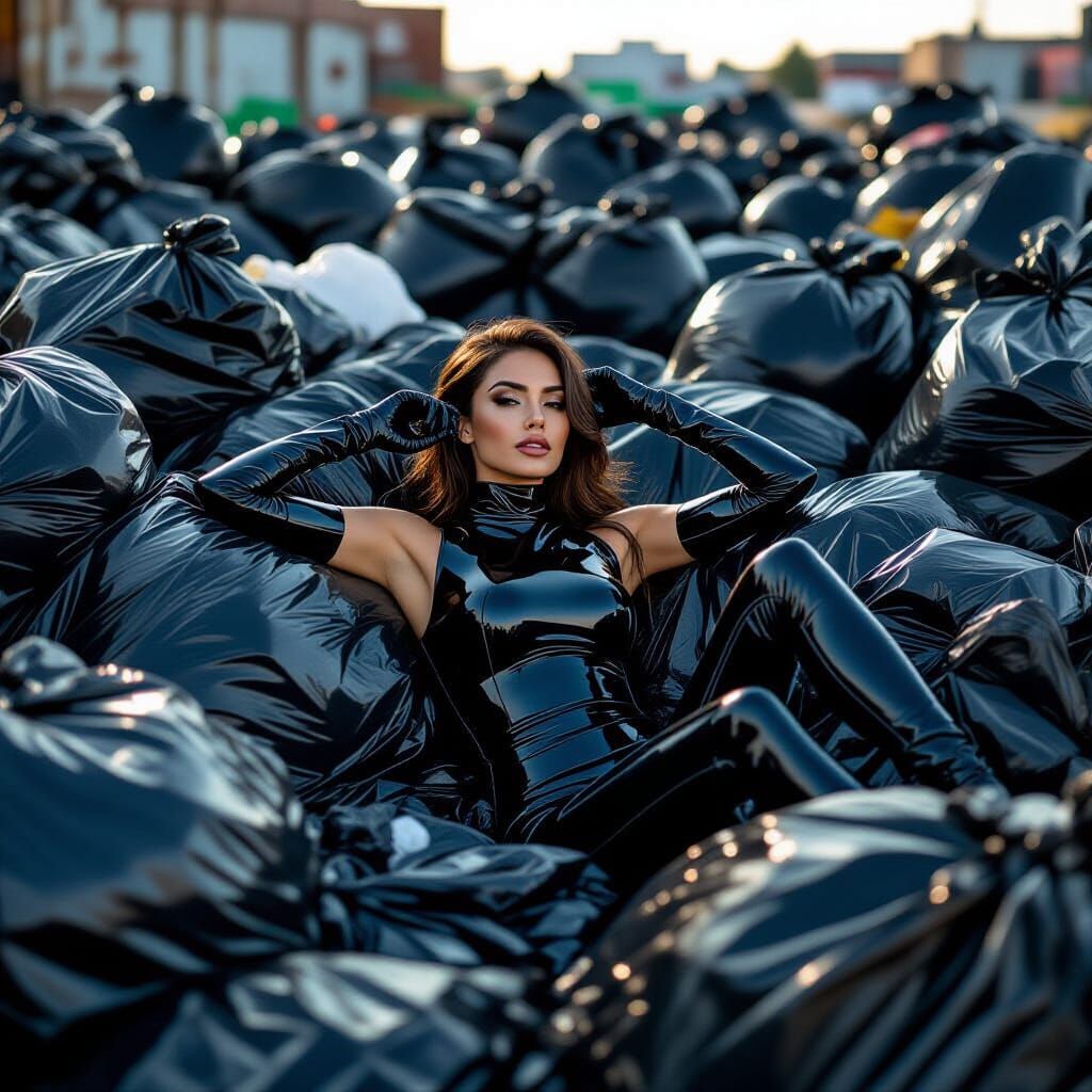 Woman in Latex in Garbage Pit: Professional Photograph