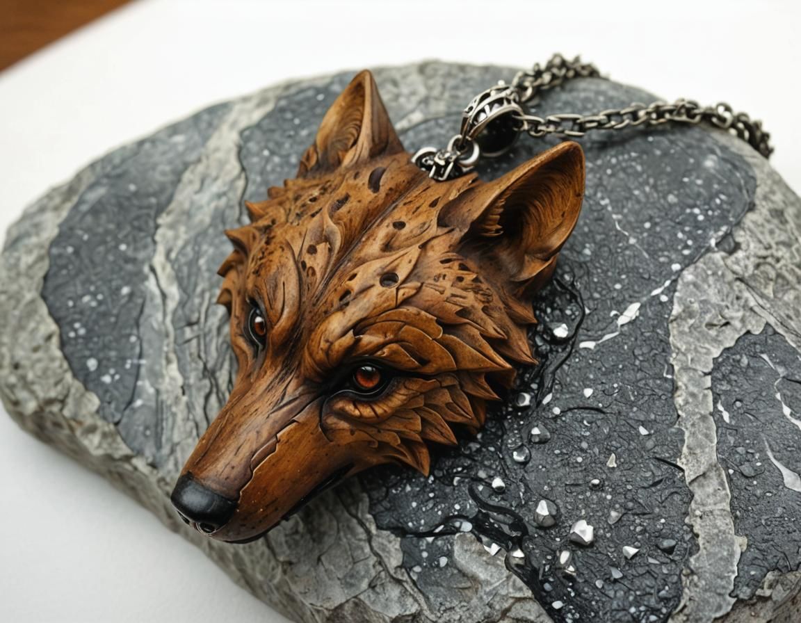 Wooden Wolf Pendant on Gemstone, Hyperrealistic Digital Art