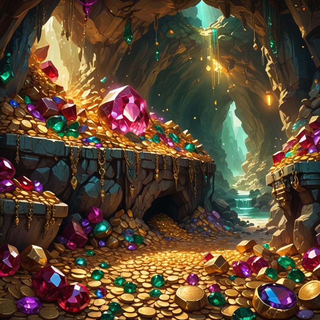 Majestic Treasure Trove in Fantasy Cave, Glowing with Warm G...