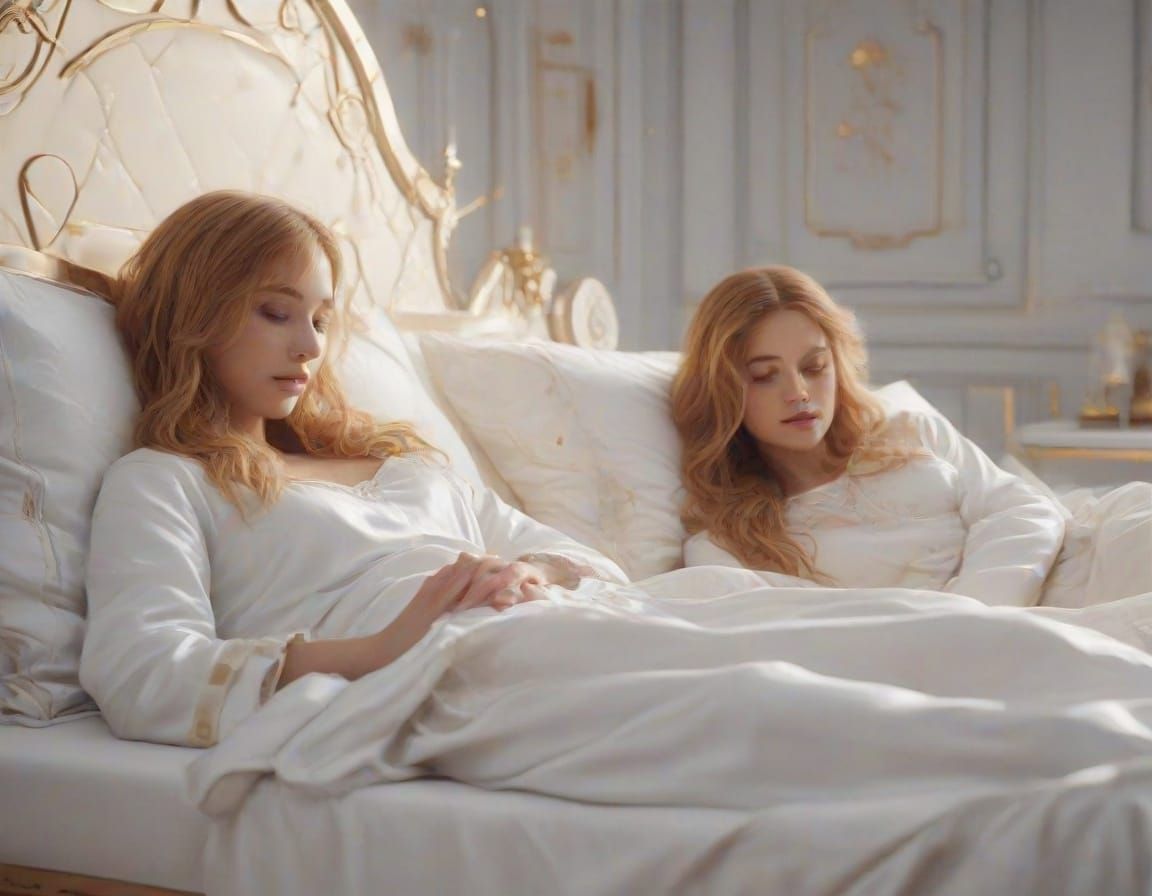 Sisters in Futuristic White Bedroom Slumber, Detailed Matte ...