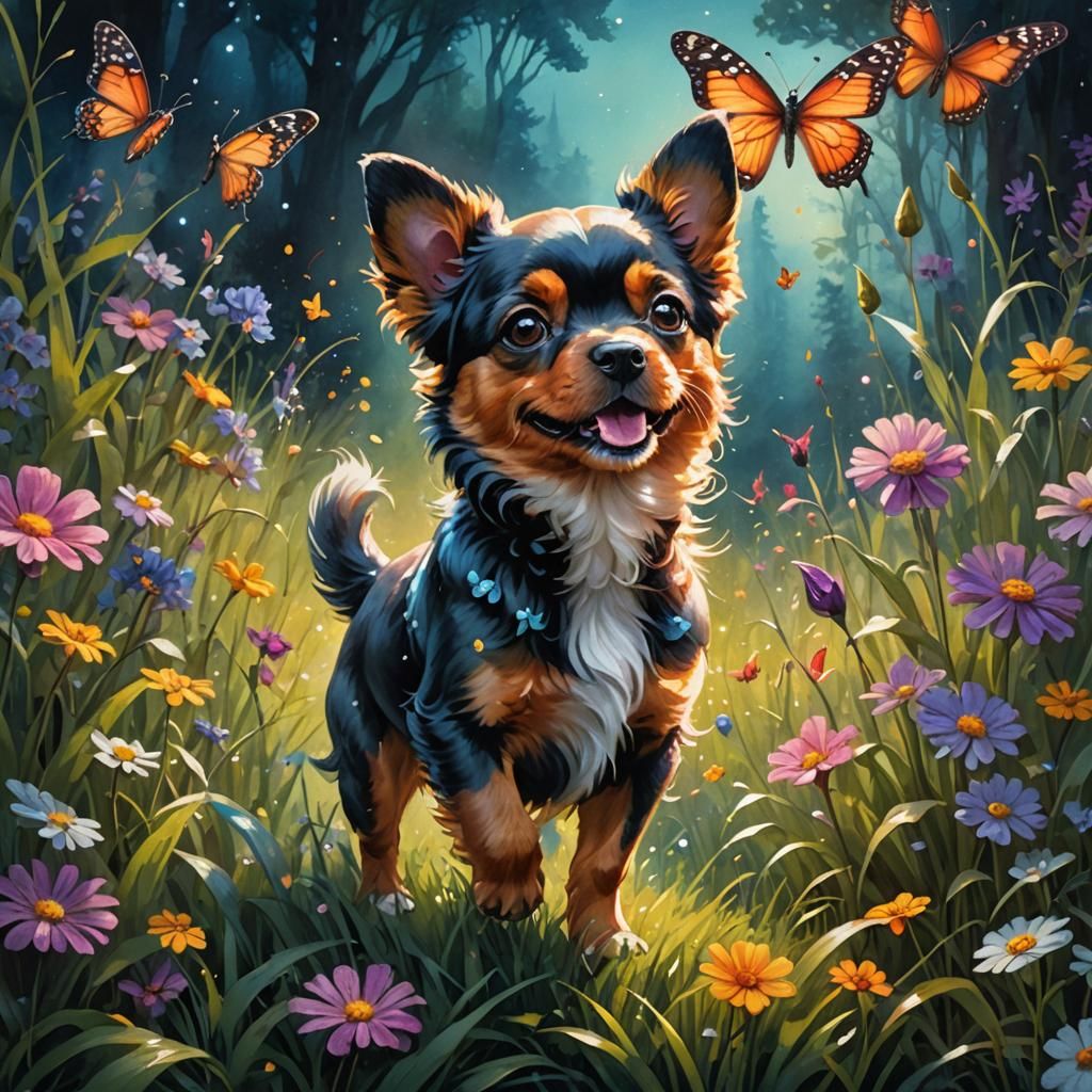 Dog and Butterfly: Whimsical Watercolor Dark Fantasy