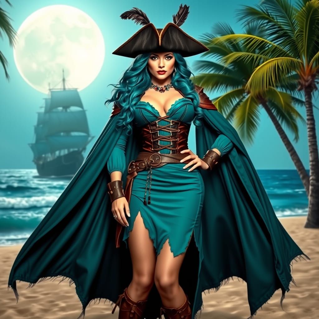 Fierce Pirate Woman in Teal Regalia on Sandy Beach
