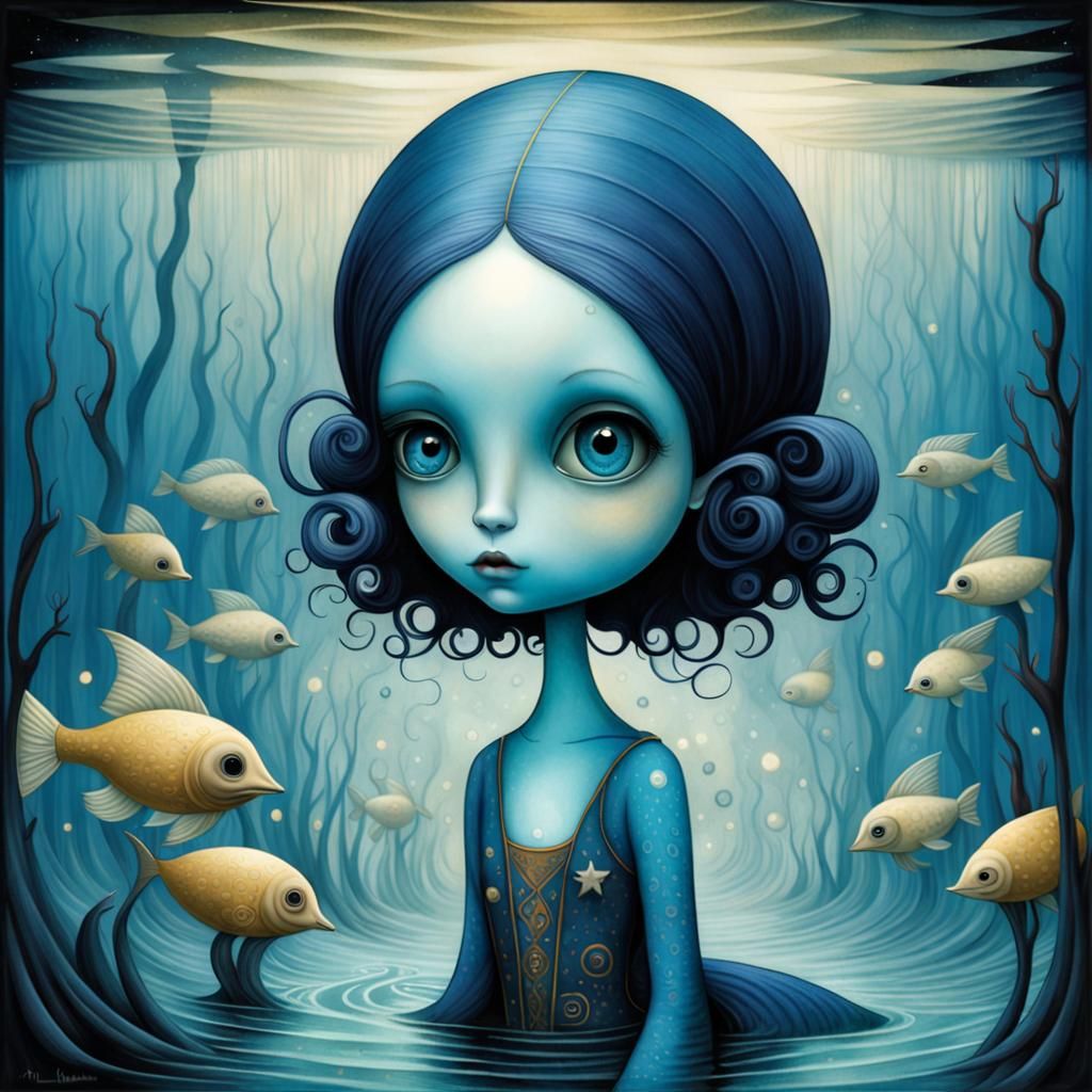 Blue Girl Swimming in Moonshine: Surrealist Painting
