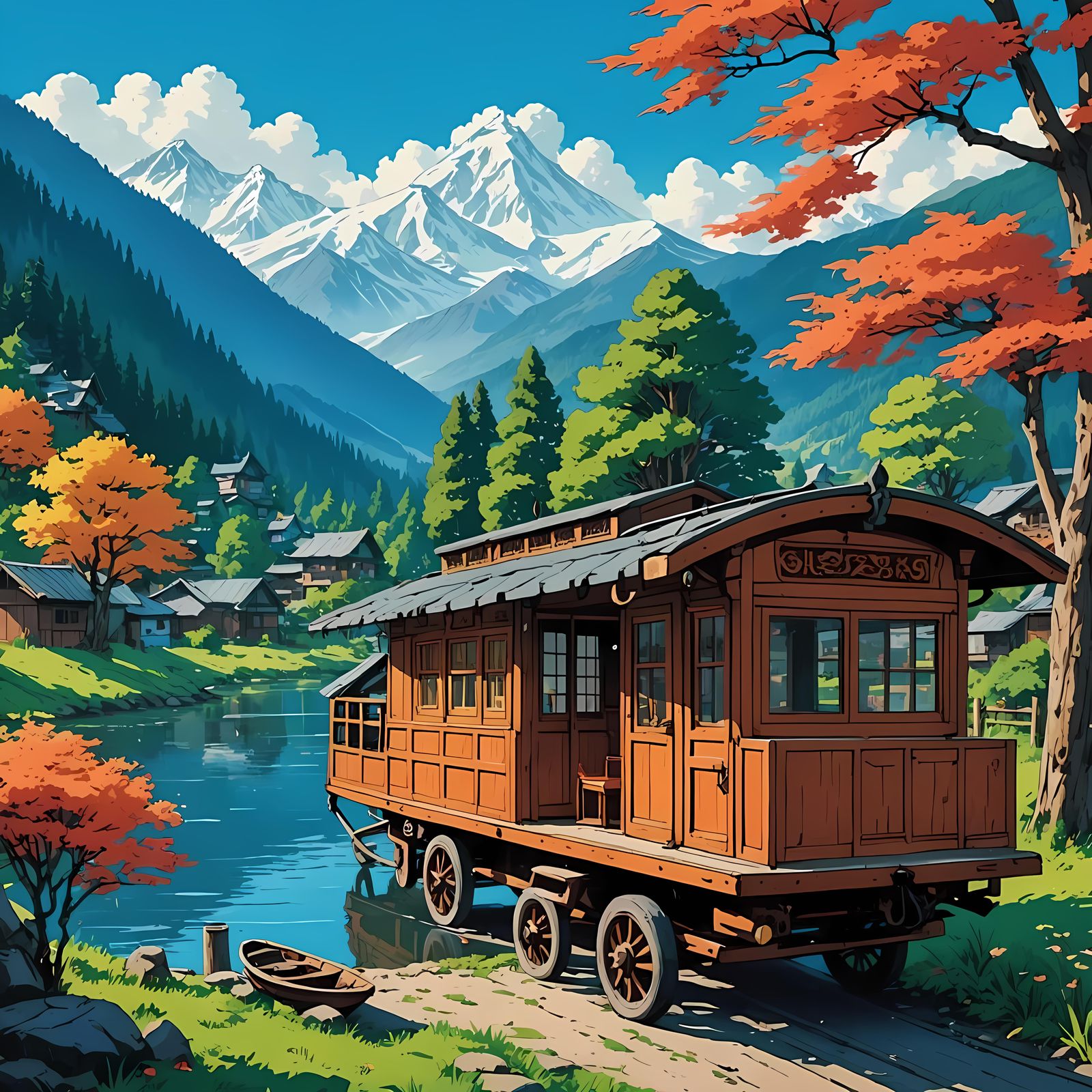 Cozy Kashmiri Houseboat in Studio Ghibli Style