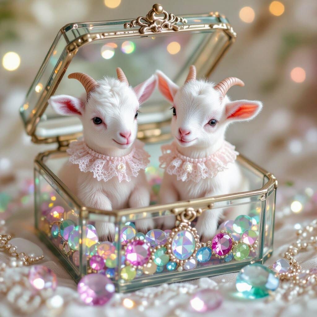 Whimsical Baby Goats in Gemstone Jewelry Box