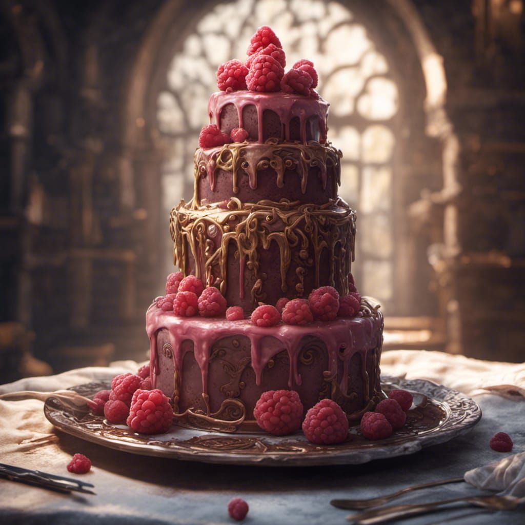 Raspberry Cake on Medieval Plate: Dark Fantasy Art