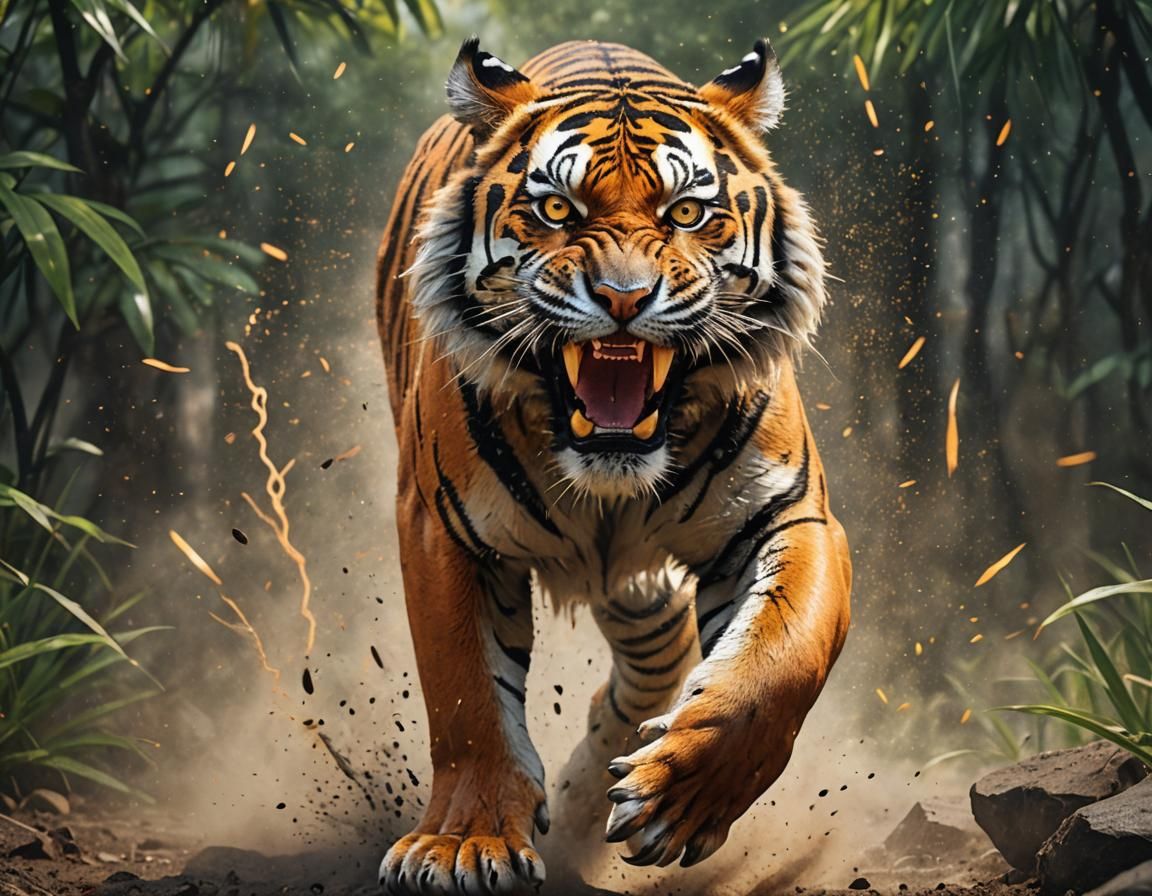 Muscular Bengal Tiger Leaps with Glowing Eyes