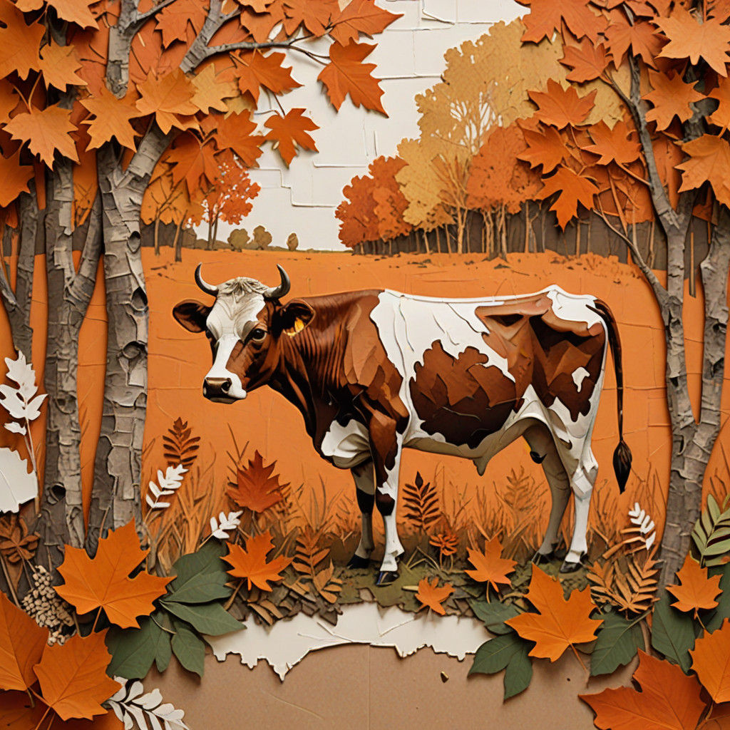 Autumn Cow Still-Life Collage in Earthy Tones