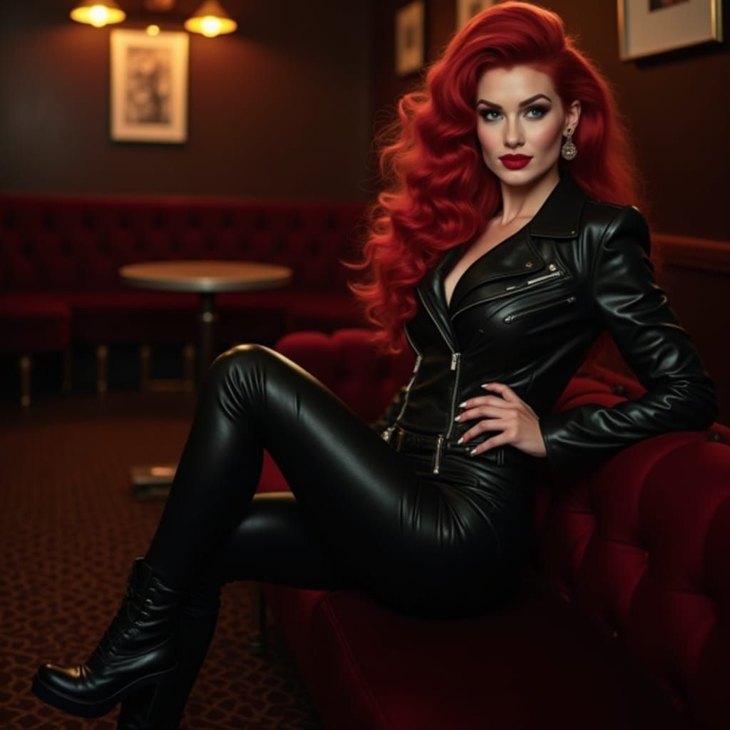 Glamorous Redhead in Leather Posing in Dimly Lit Bar