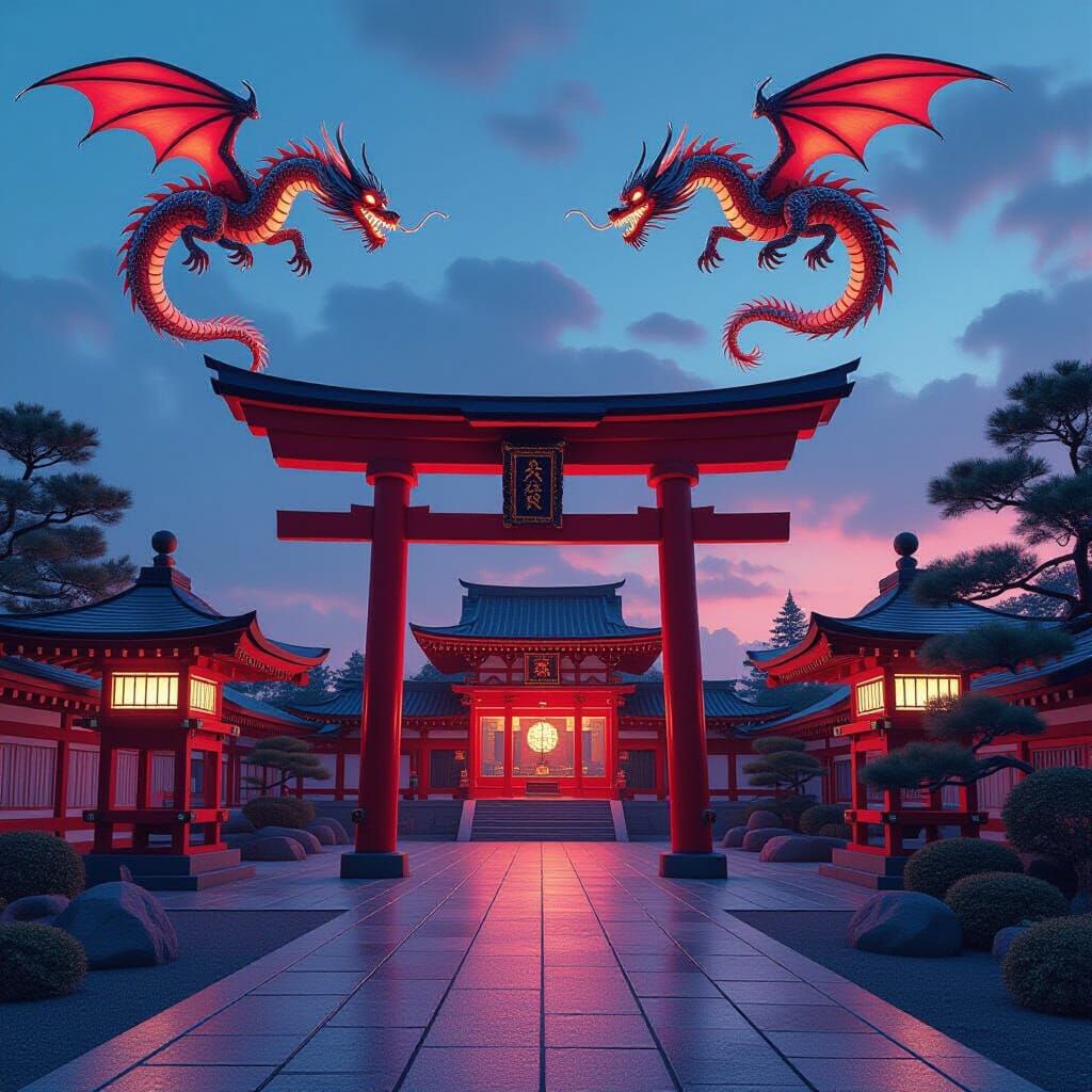 Futuristic Japanese Shrine with Mechanical Dragons