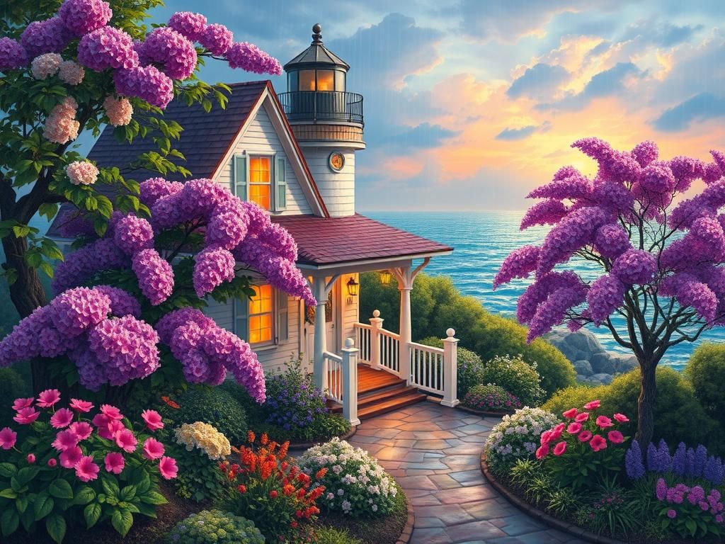 Idyllic Garden with Lighthouse in Dreamy Style