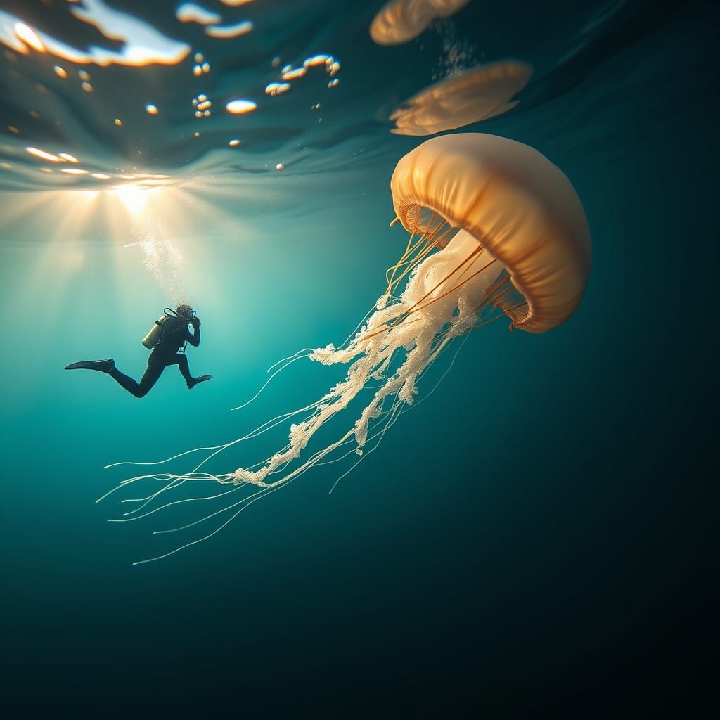 Diver and Bioluminescent Jellyfish in Deep Ocean