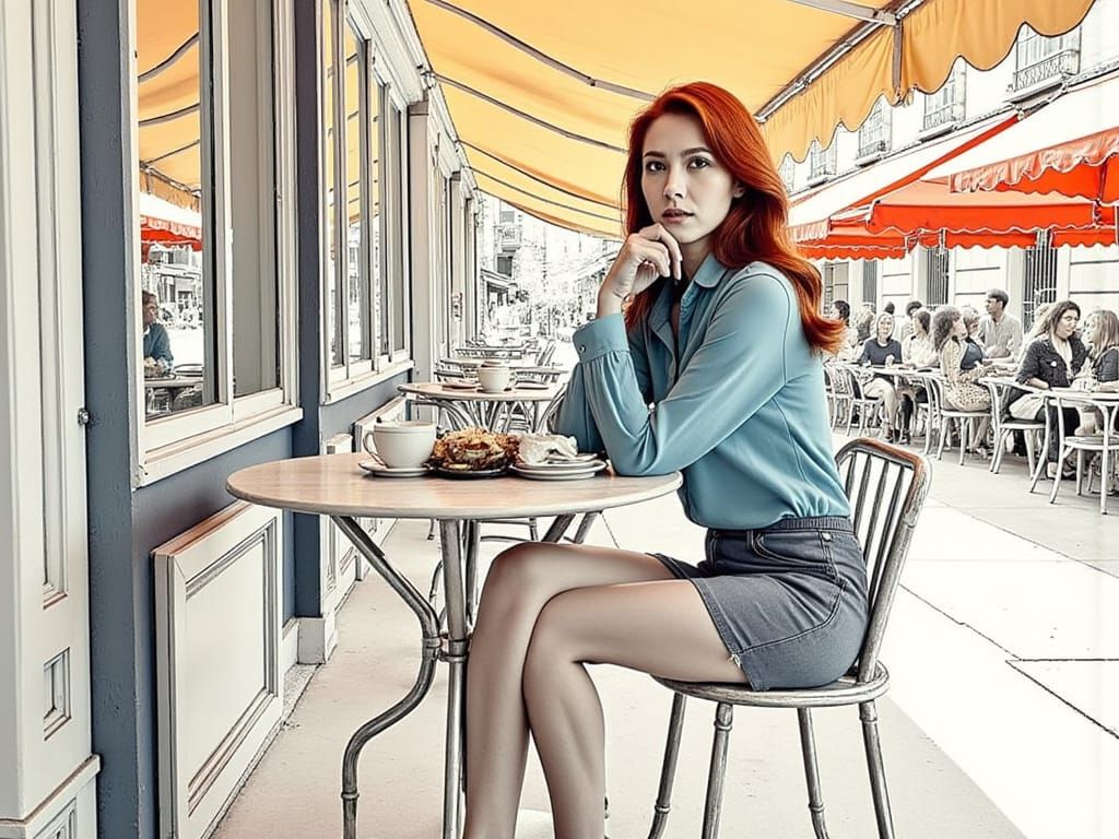 Fashionable Woman in Urban Café Setting, Captured in Realist...