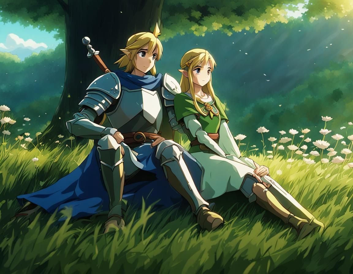 Link and Zelda in Field: Studio Ghibli Anime