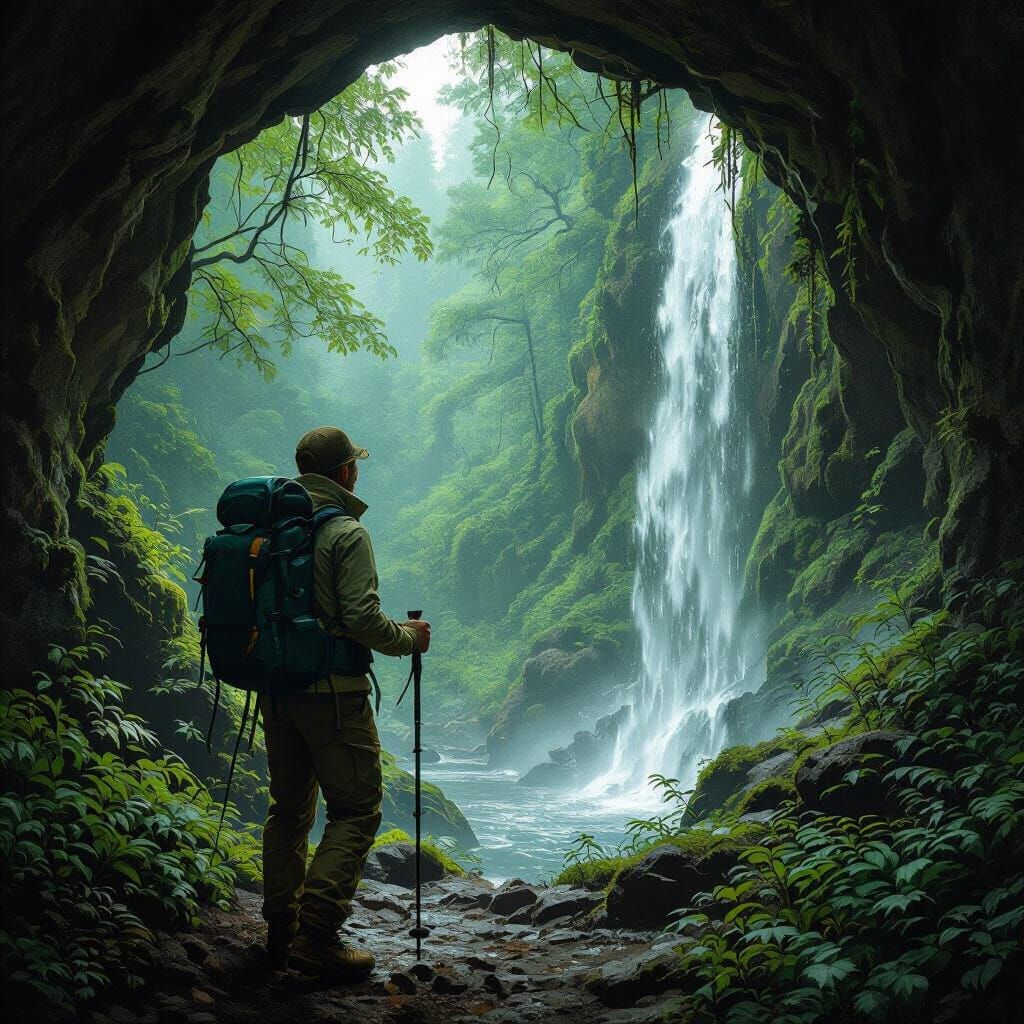 Hiker Finds Waterfall Cave in Lush Forest