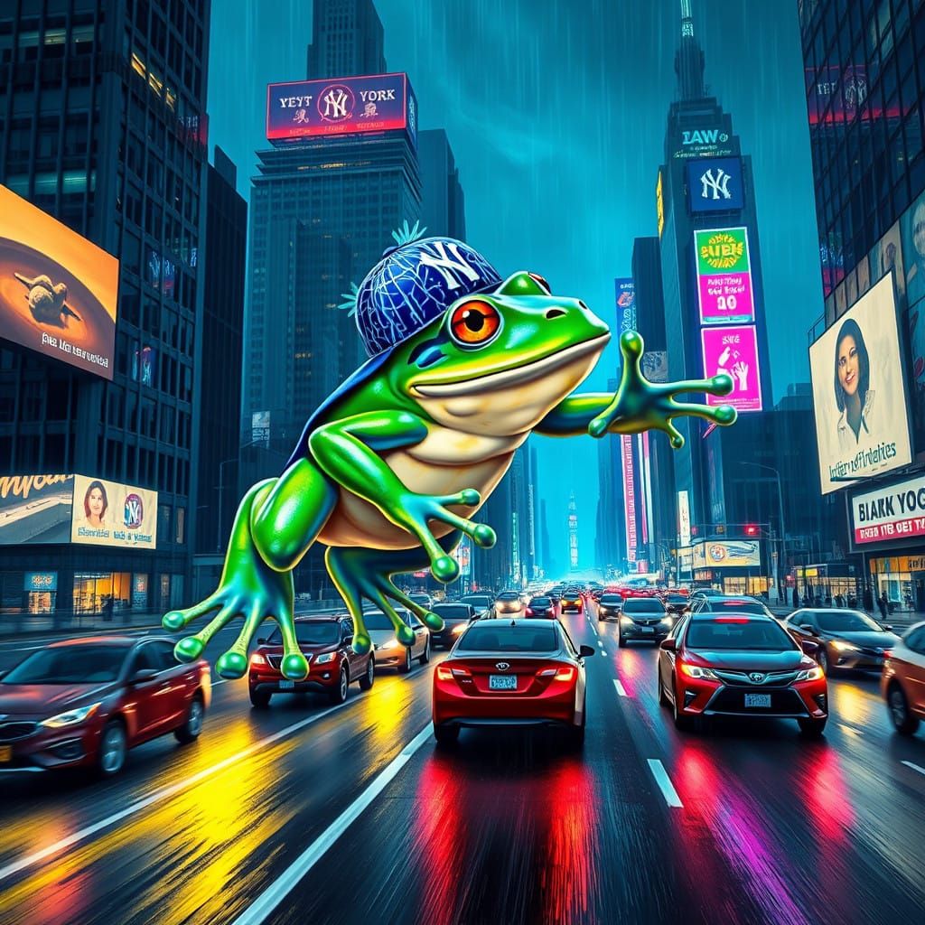 Glowing Acrylic Pop Art Giant Frog Jumps Highway Cars in NYC