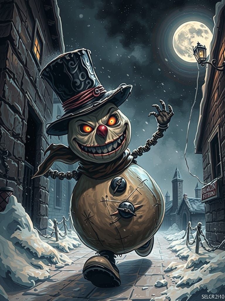 Ominous Snowman Stalks Dark Alley in Frosty Blues