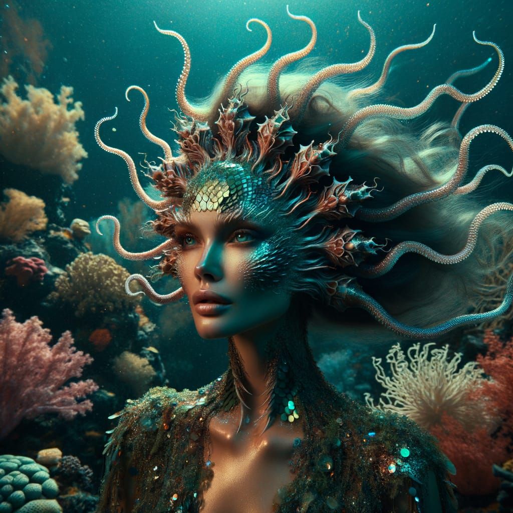 Ethereal Sea Goddess in Vibrant Coral Reef, 35mm Film Style