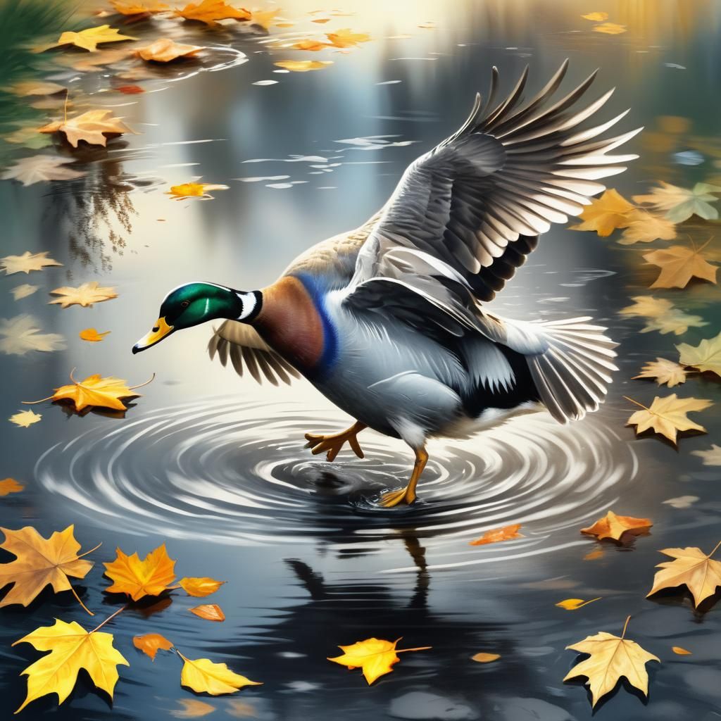 Waterfowl Bird Leaping in Autumn: Hyperdetailed Charcoal Art